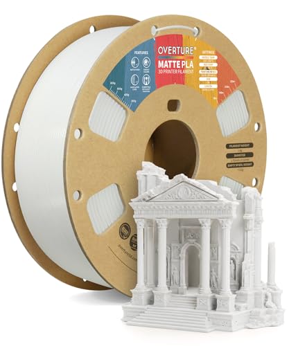 OVERTURE Matte PLA 3D Printer Filament 1.75mm, Matt Surface & Low Warping Filament 1kg Spool (2.2 lbs), Accuracy +/- 0.02 mm, Fit Most FDM Printers (Matte White)