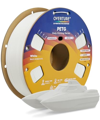OVERTURE PETG 3D Printer Filament 1.75mm, Neatly Wound Durable PETG 1kg Spool (2.2lbs), Strong Toughness Filament, Dimensional Accuracy +/- 0.02mm, Fit Most FDM Printers (White)