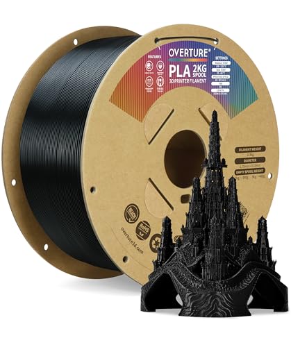 OVERTURE PLA Filament 1.75mm PLA 3D Printer Filament, 2kg Cardboard Spool (4.4lbs), Dimensional Accuracy +/- 0.02mm, Fit Most FDM Printer(Black 2KG-1 Pack)