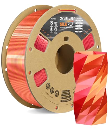 OVERTURE Silk PLA 1.75mm Dual Color Filament, Clog-Free Shiny 3D Printer Filament, 1kg Spool(2.2lbs), Dimensional Accuracy +/- 0.02 mm, Fit Most FDM Printer(Silk Red-Gold)