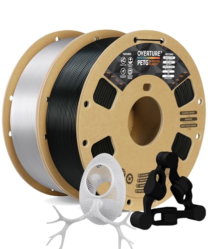 OVERTURE 2KG Bundle PETG 3D Printer Filament 1.75mm, Neatly Wound Durable PETG 2 Pack 1kg(2.2lbs), Strong Toughness Filament, Dimensional Accuracy +/- 0.02mm, Fit Most FDM Printers (Black+Transparent)