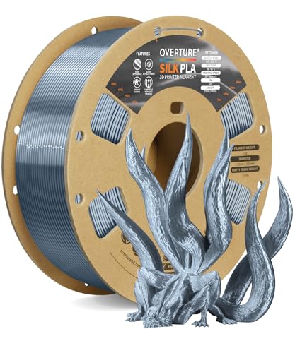 OVERTURE Silk Filament PLA 1.75mm Clog-Free Shiny 3D Printer Filament, 1kg Spool (2.2lbs), Dimensional Accuracy +/- 0.02 mm, Fit Most FDM Printer(Silk Gray)