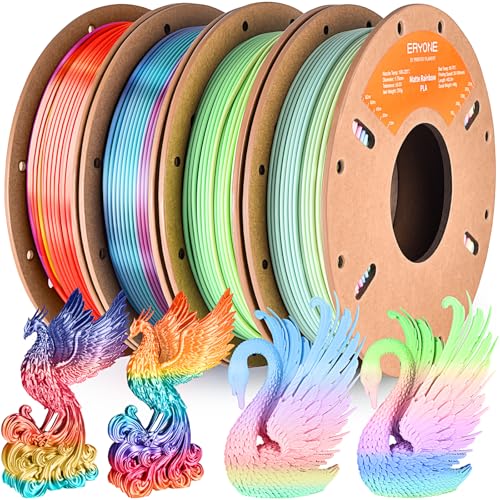 ERYONE Rainbow PLA Filament Bundle, 1.75mm +/-0.03 mm, Muti Color 3D Printer Filament 0.25kg/Spools, 4 Packs(2.2lbs), Matte Marcron, Matte Watercolor, Silk Vibrant, Silk Waterfall