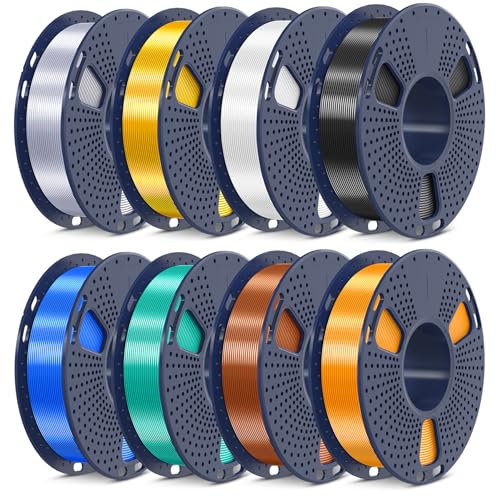 SUNLU 3D Printer Filament, 250G PLA Silk Filament Bundle, 1.75mm Smooth Silk Filament Muticolor, Neatly Wound Filament, 250G Spool, 8 Rolls, Black+White+Light Gold+Silver+Brass+Red Copper+Blue+Green
