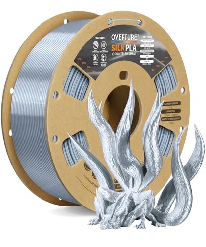OVERTURE Silk Filament PLA 1.75mm Clog-Free Shiny 3D Printer Consumables, 1kg Spool (2.2lbs), Dimensional Accuracy +/- 0.02 mm, Fit Most FDM Printer(Silk Silver)