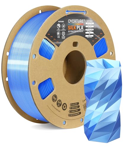 OVERTURE Silk Filament PLA 1.75mm Clog-Free Shiny 3D Printer Filament, 1kg Spool (2.2lbs), Dimensional Accuracy +/- 0.02 mm, Fit Most FDM Printer(Silk Blue-Silver)