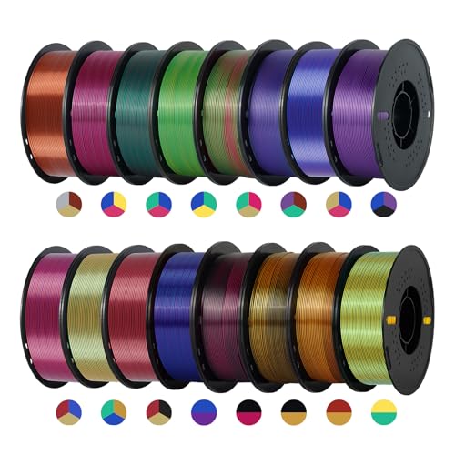 Kingroon 16KG Silk PLA Filament Bundle 1.75mm, Dual and Tri Color 3D Printer Multicolor Filament, 16x1 kg Spools, High Precision +/- 0.02mm, No Clogging Shiny 3D Printing Filament for FDM Printers